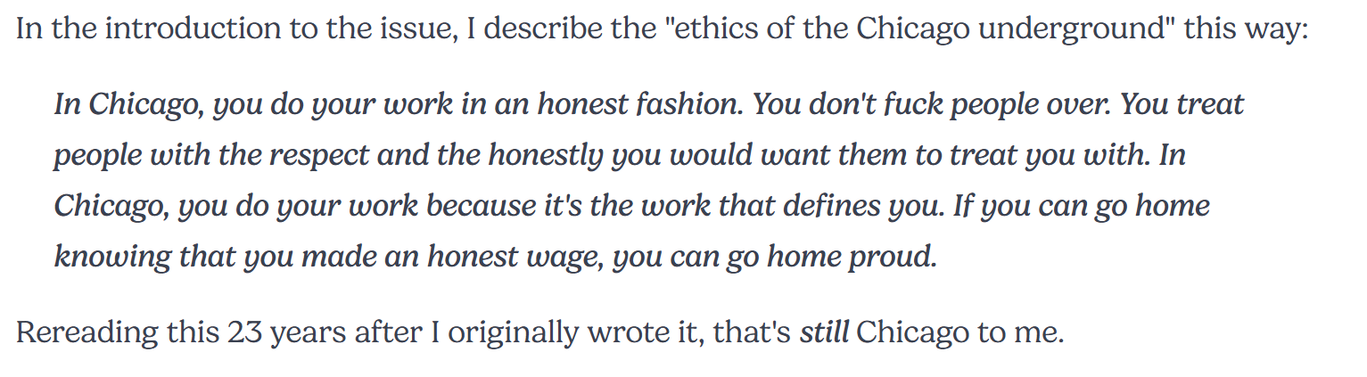 text that reads In Chicago, you do your work in an honest fashion. You don't fuck people over. You treat people with the respect and the honestly you would want them to treat you with. In Chicago, you do your work because it's the work that defines you. If you can go home knowing that you made an honest wage, you can go home proud.