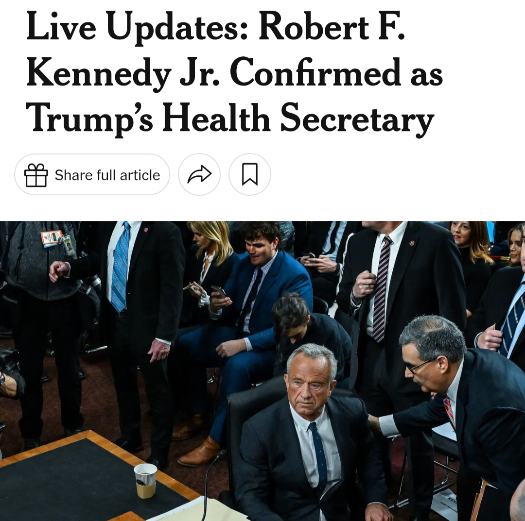 Screengrab that reads "Live Updates: Robert F Kennedy Jr Confirmed as Trump's Health Secretary"