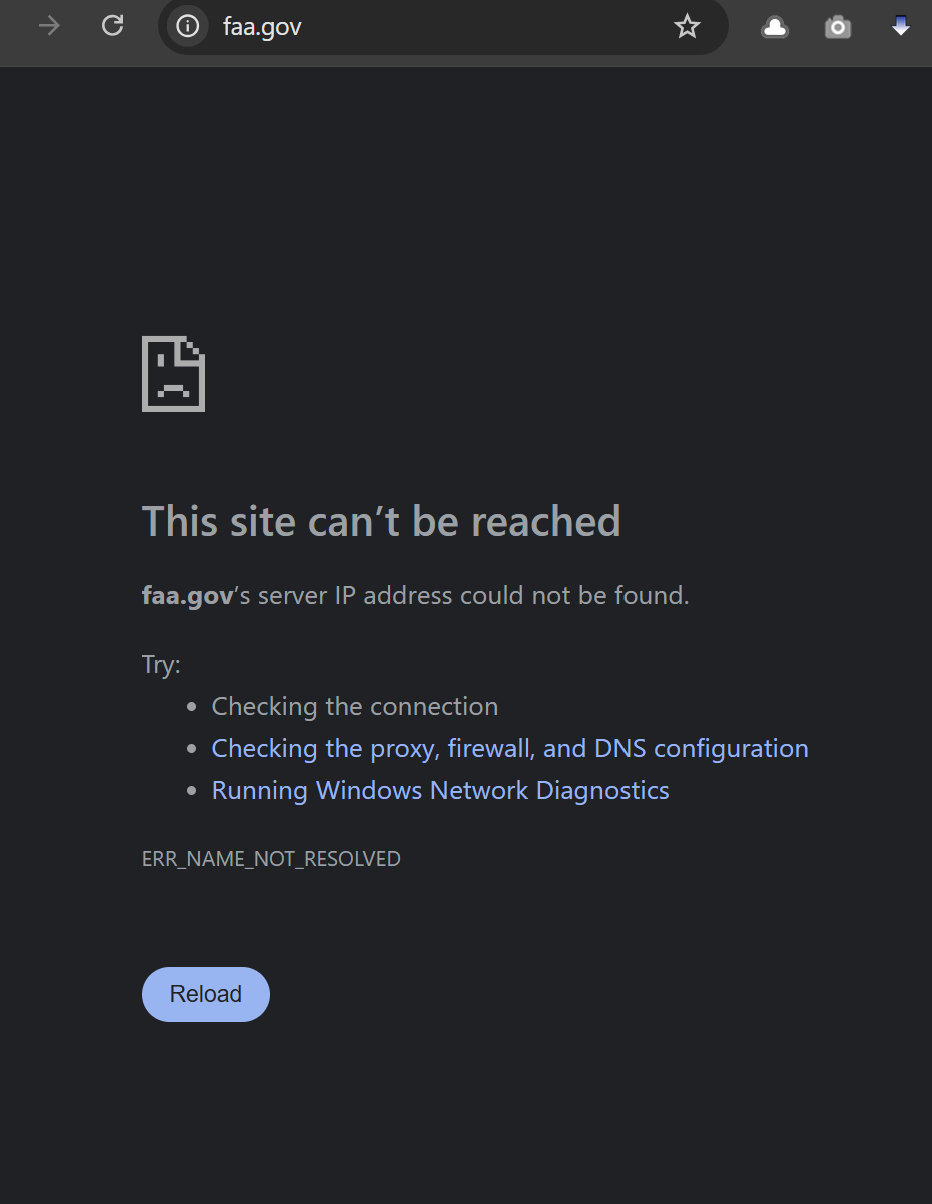 screenshot of faa.gov with a 'this site can't be reached' error