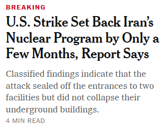 Strike Set Back Iran’s Nuclear Program by Only a Few Months, U.S. Report Says
Classified findings indicate that the attack sealed off the entrances to two facilities but did not collapse their underground buildings.
