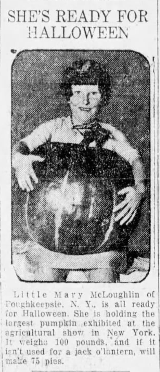 a vintage newspaper clipping that reads 'She's ready for halloween' with a photograph of a girl holding an enormous pumpkin