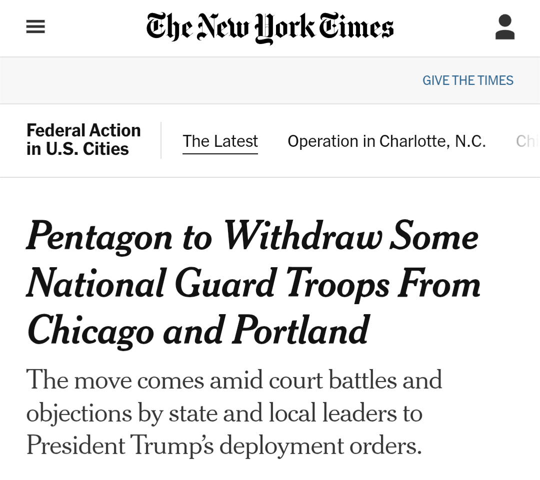A news headline from The New York Times announces the Pentagon's decision to withdraw some National Guard troops from Chicago and Portland.