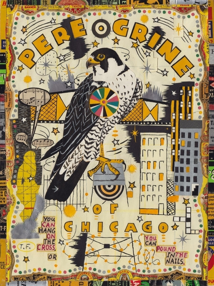 A vibrant collage by Tony Fitzpatrick features a peregrine falcon with architectural elements and bold text related to Chicago.