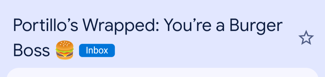 A notification titled Portillo’s Wrapped: You’re a Burger Boss features a burger emoji and an inbox label.