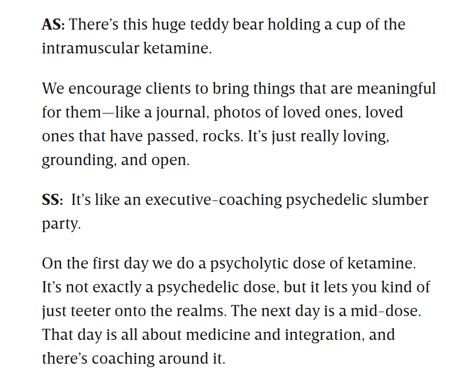 AS: There’s this huge teddy bear holding a cup of the intramuscular ketamine. We encourage clients to bring things that are meaningful for them—like a journal, photos of loved ones, loved ones that have passed, rocks. It’s just really loving, grounding, and open. SS:  It’s like an executive-coaching psychedelic slumber party. On the first day we do a psycholytic dose of ketamine. It’s not exactly a psychedelic dose, but it lets you kind of just teeter onto the realms. The next day is a mid-dose. That day is all about medicine and integration, and there’s coaching around it.