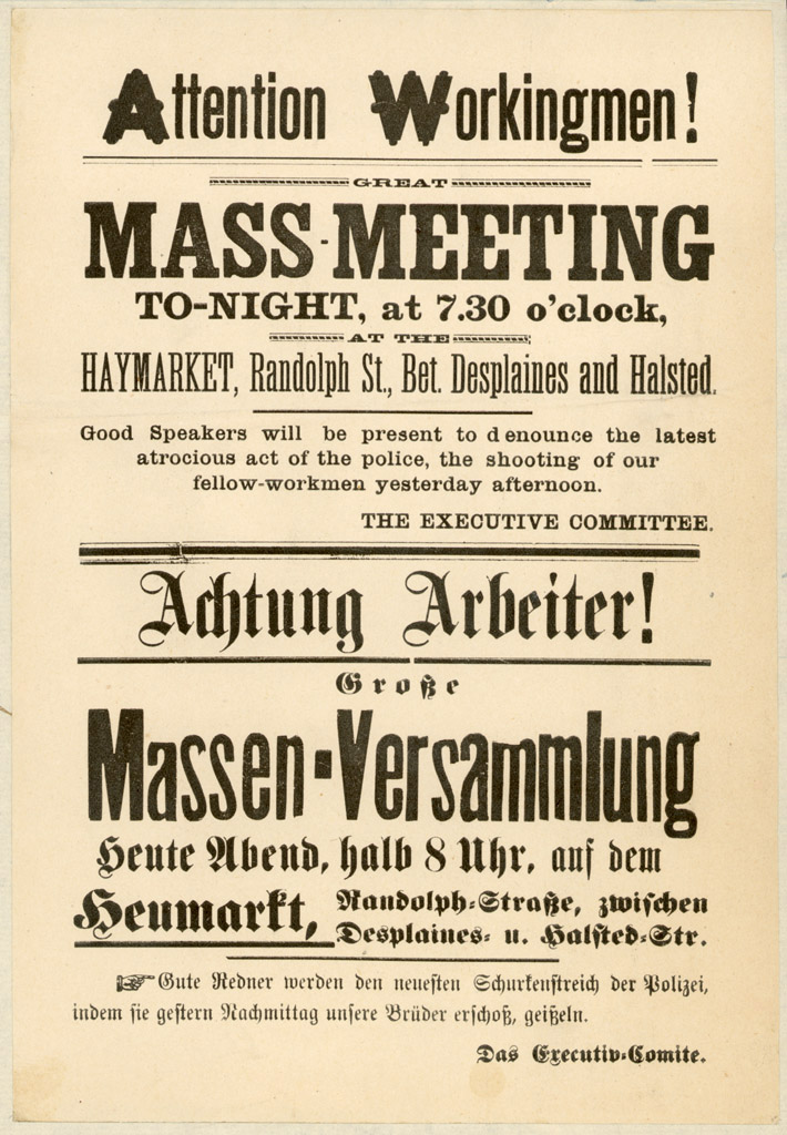 historical flyer advertising a mass meeting at Randoph Street between Desplains and Halstead in Chicago