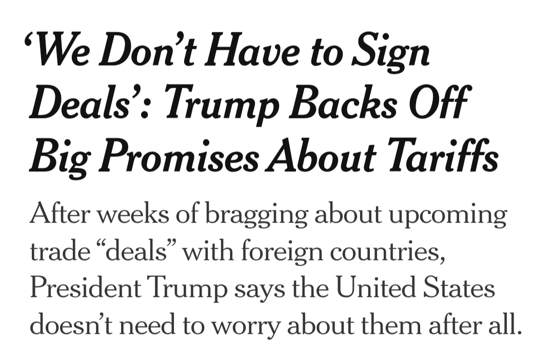 A headline discusses President Trump backing off previous claims about trade deals and tariffs.