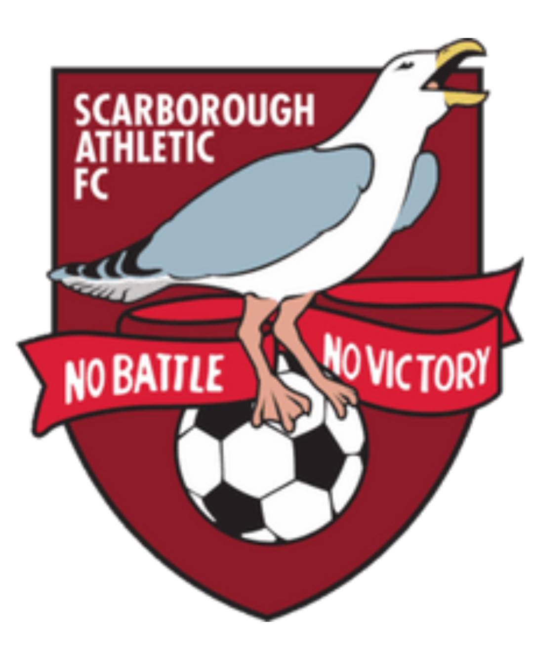 A seagull perched on a soccer ball is depicted on the Scarborough Athletic FC logo with the motto "No Battle, No Victory."