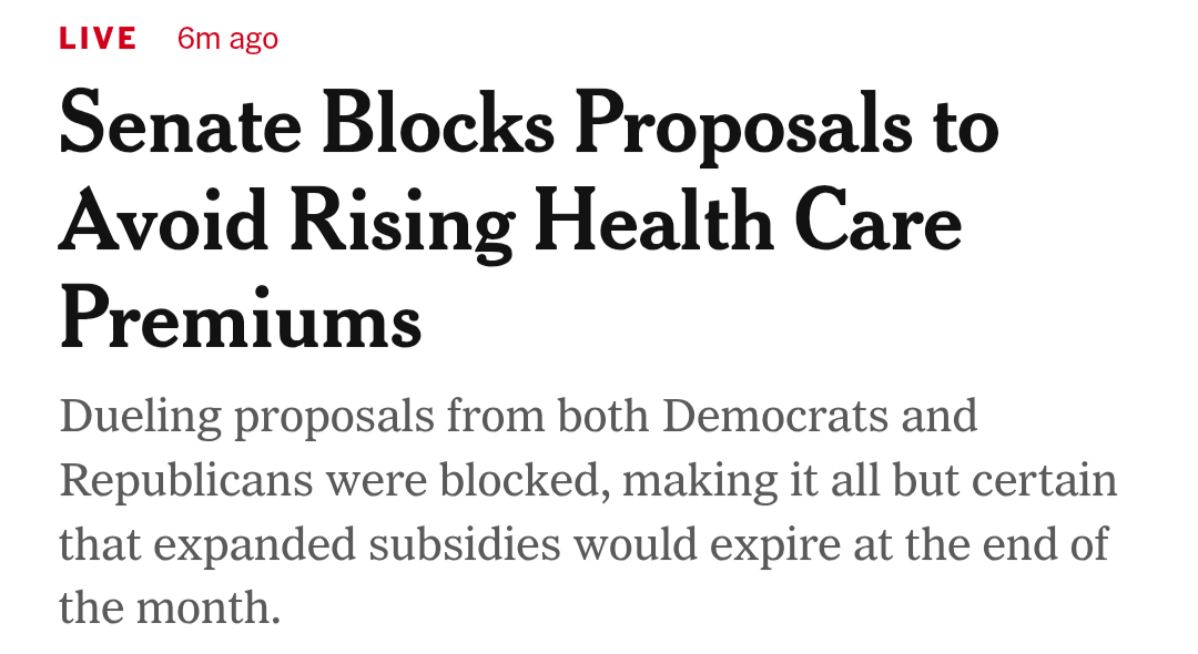 A live headline reports that Senate has blocked proposals aimed at preventing rising healthcare premiums, impacting both Democratic and Republican plans.