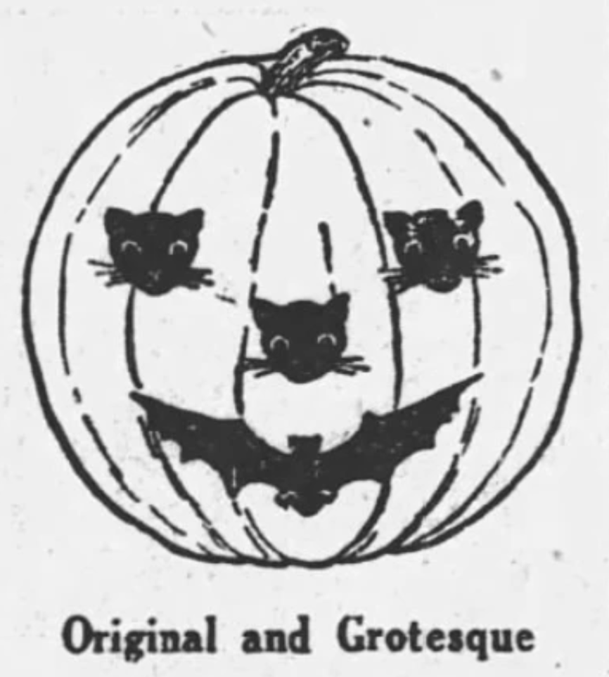 A pumpkin carving design featuring three cat faces and a bat is illustrated with the text Original and Grotesque below.