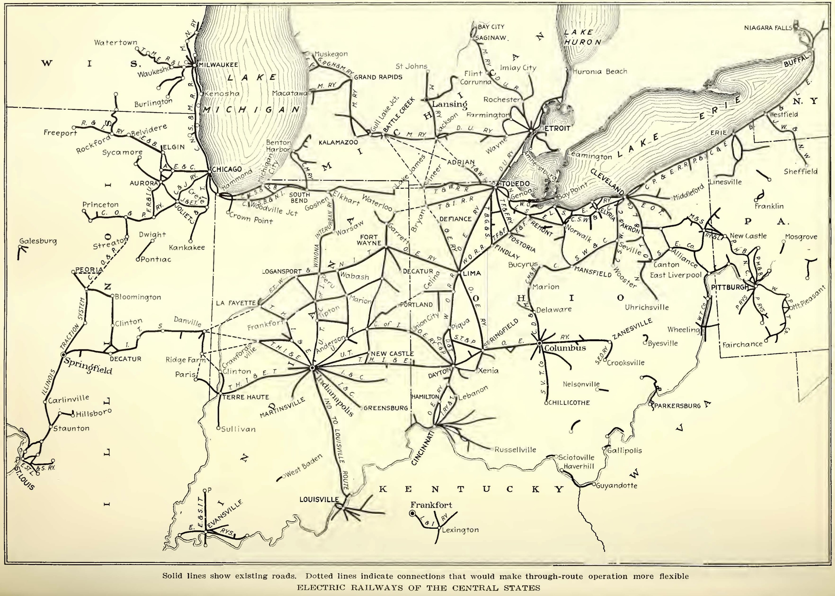 a map from 1918 showing the interurban network sprawling across Illinois, Indiana, Michigan, and Ohio