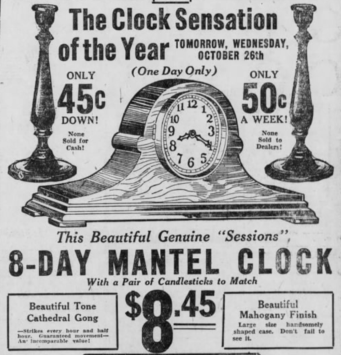 a vintage advertisement from 1927 advertising the clock sensation of the year, with free candlesticks